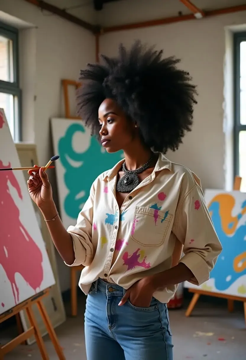Young Black female artist painting in a creative studio, wearing a paint-stained shirt and cultural jewelry