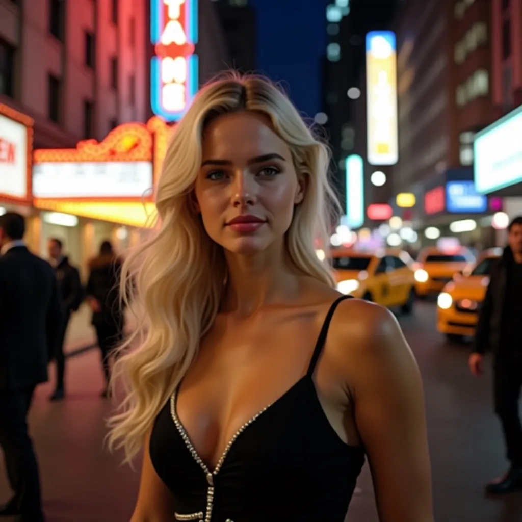 Blonde woman in a stylish black dress walking through a vibrant city at night, surrounded by neon lights and taxis