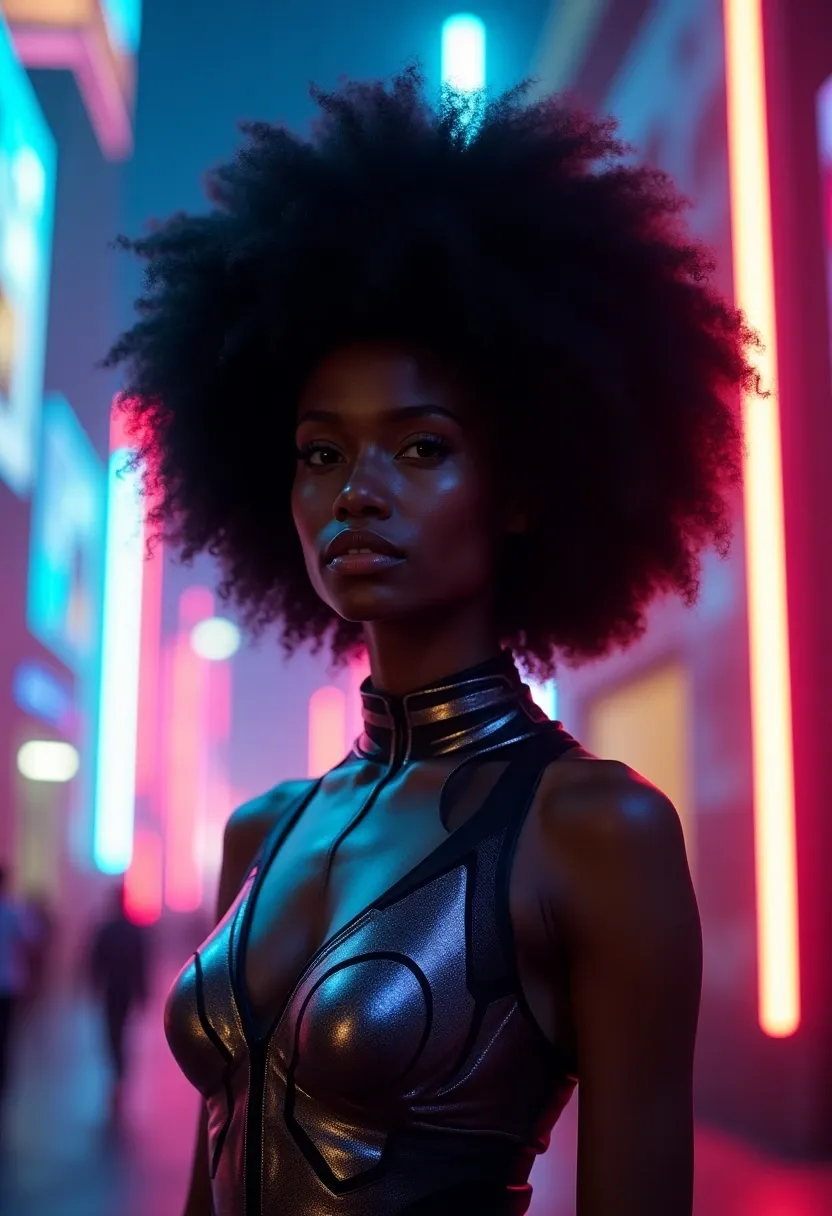 Futuristic woman with voluminous afro hair wearing a metallic outfit in a cyberpunk city with neon lights