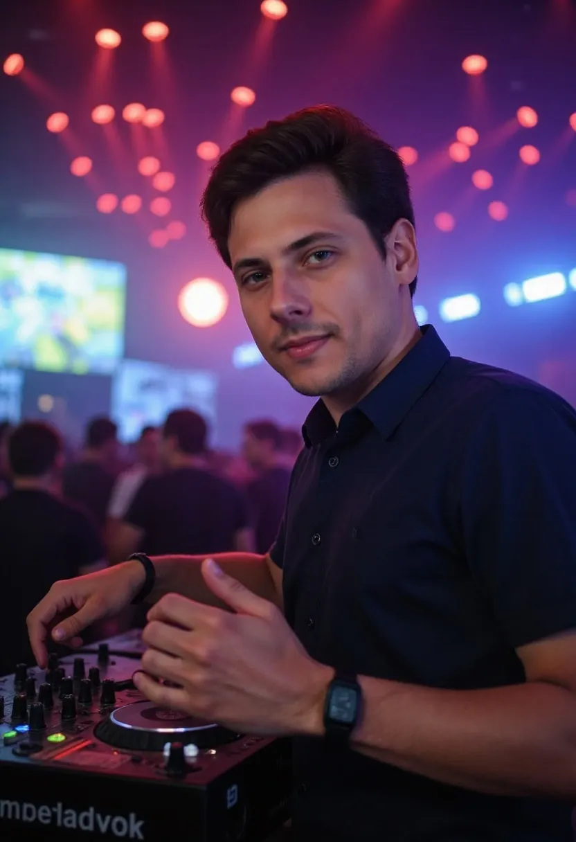 DJ in a black shirt mixing music at a nightclub with neon lights