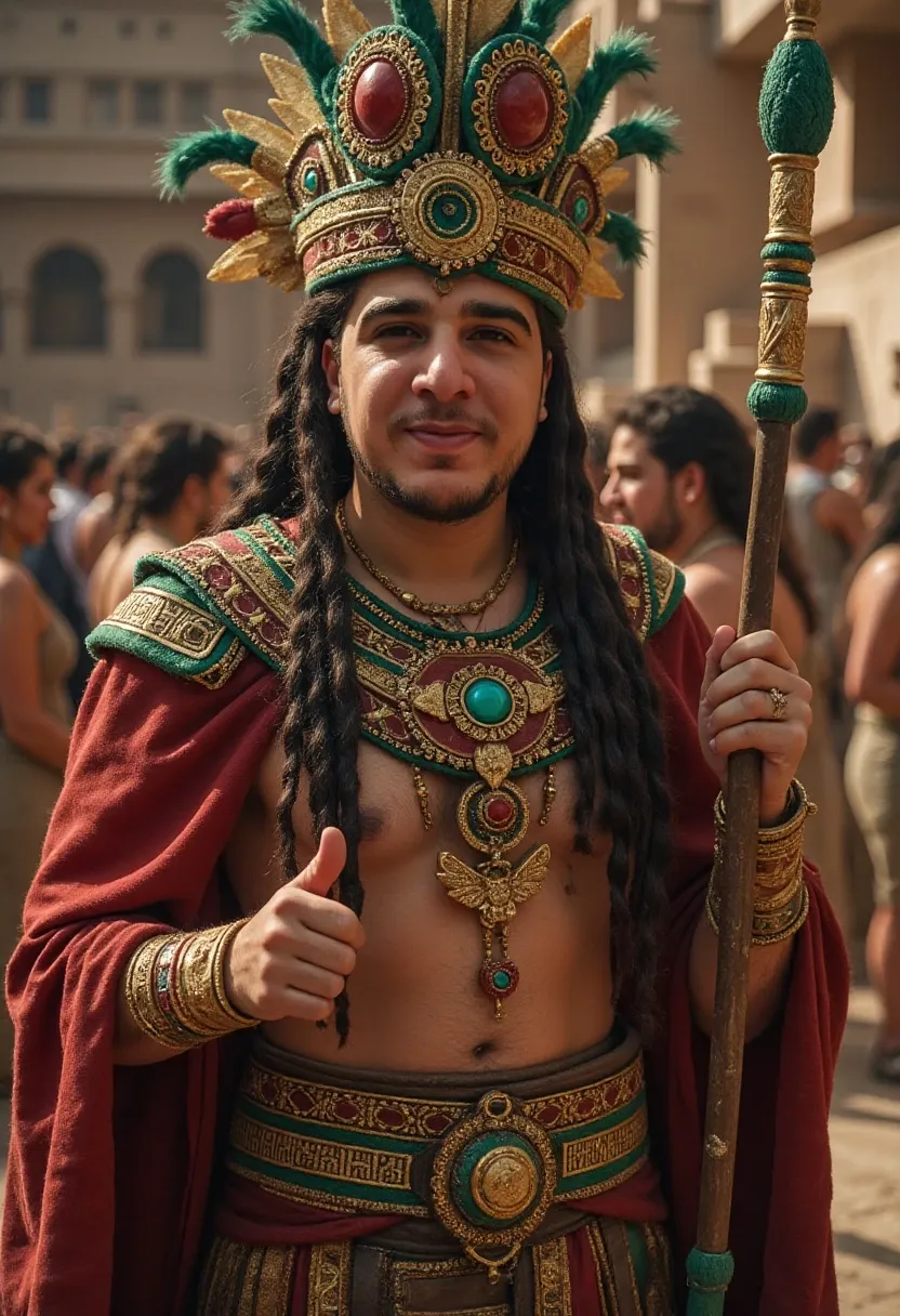 Aztec king in an elaborate ceremonial outfit with gold and gemstone accessories, holding a staff in an ancient city setting