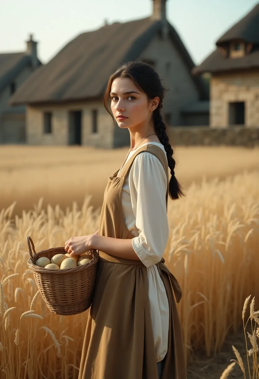 Young farm girl with braided hair holding a basket of eggs in a wheat field, rustic countryside houses in the background
