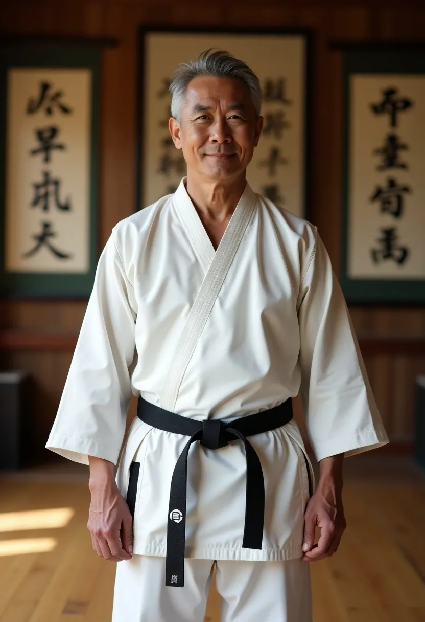Martial arts master wearing a black belt standing confidently in a traditional Japanese dojo