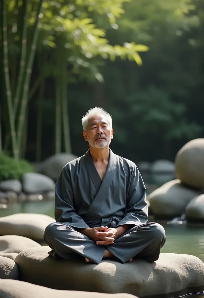 Elderly man meditating in a peaceful Zen garden, sitting on stones surrounded by bamboo and nature