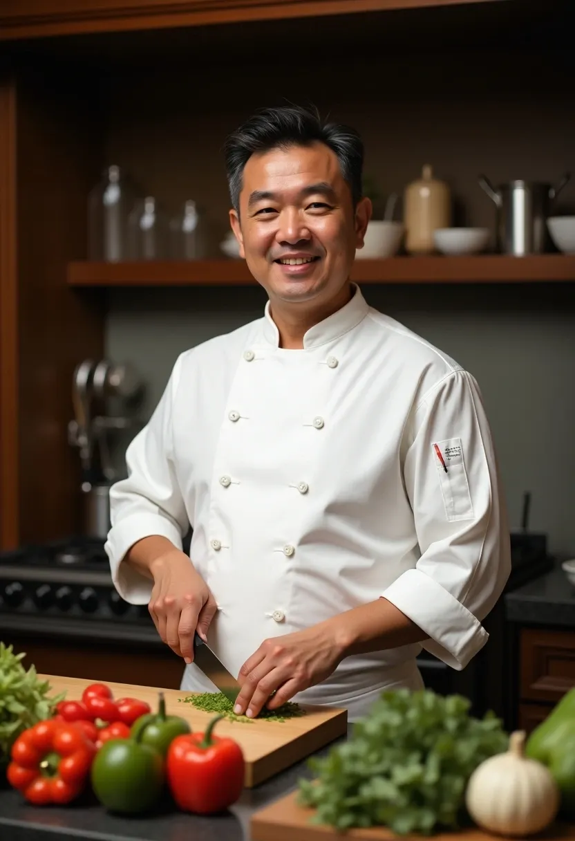 Smiling professional chef in a white uniform chopping fresh herbs in a modern kitchen with colorful vegetables