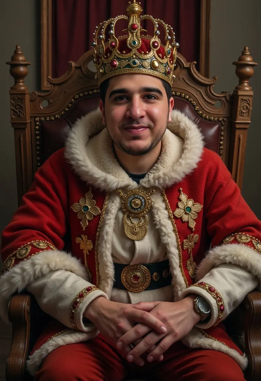 Medieval king wearing a luxurious red royal robe and golden crown, seated on an ornate throne with intricate decorations
