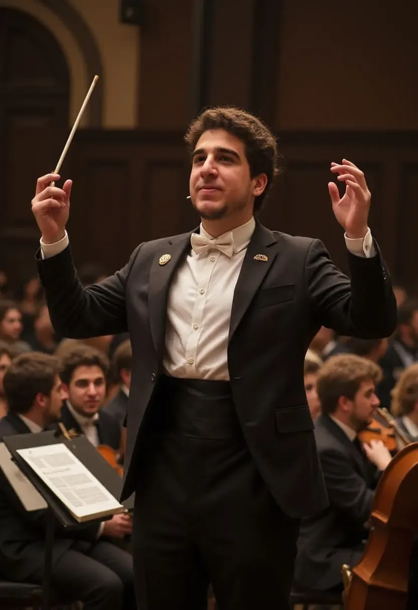 Orchestra conductor leading a symphony performance, wearing a black tuxedo and holding a baton on stage