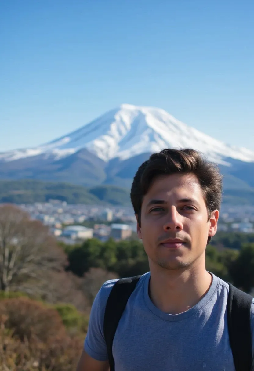 Man in a gray t-shirt with a backpack standing in front of Mount Fuji