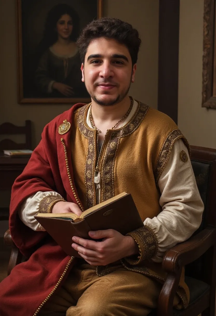 Man in medieval-inspired clothing holding an old book, sitting in a classic study with historical decor