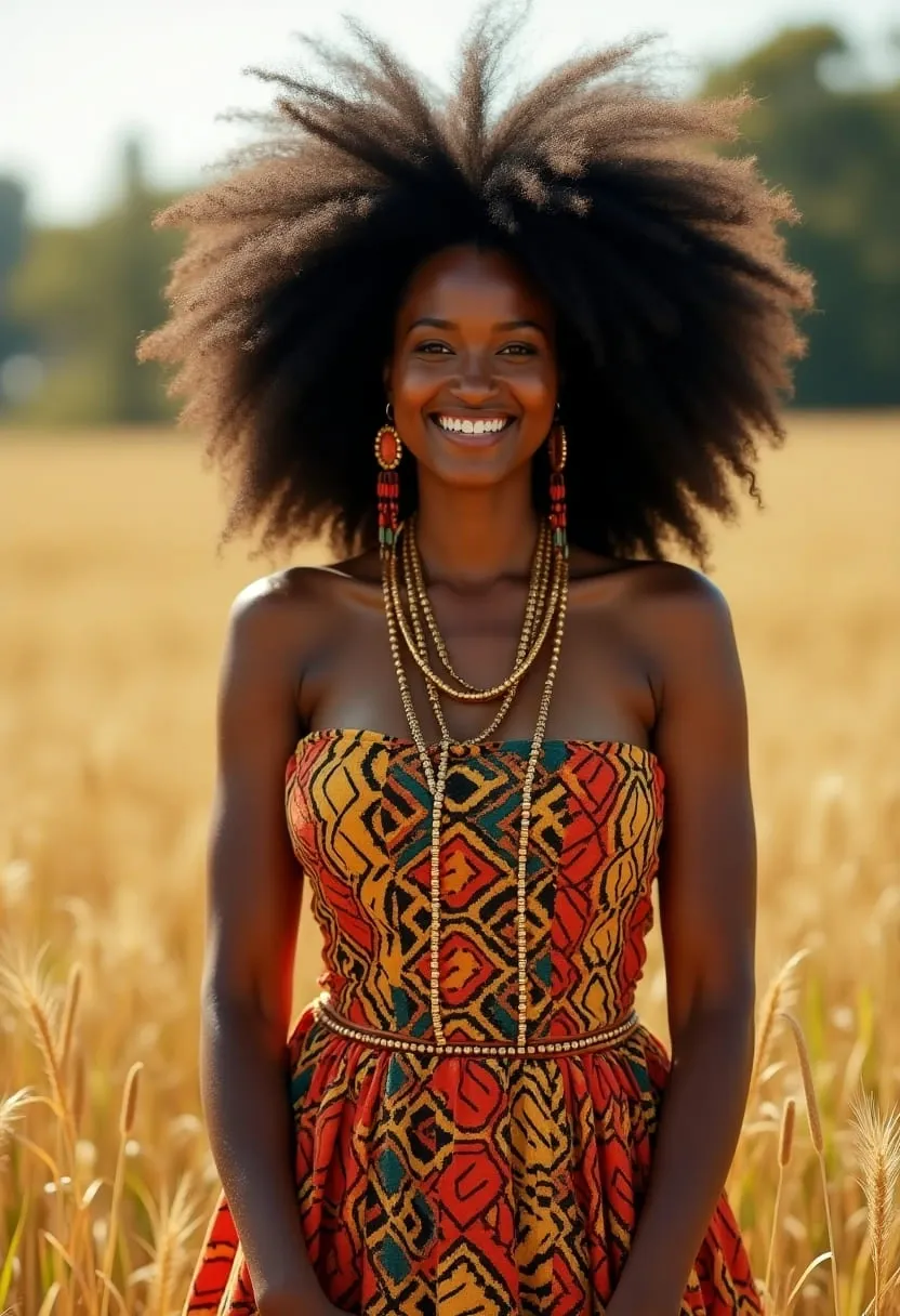 Smiling woman in a golden wheat field, wearing a vibrant African print dress with traditional beaded necklaces