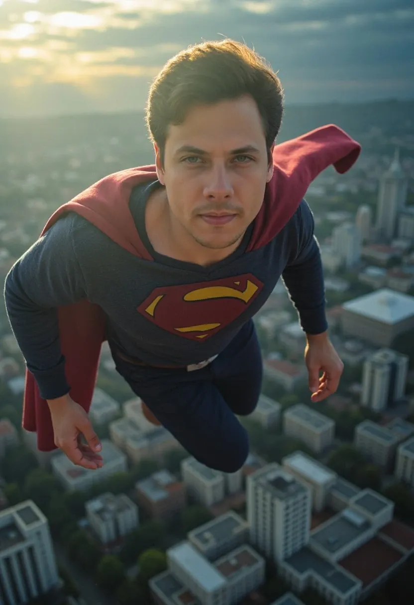 Man dressed as Superman flying over a city at sunset