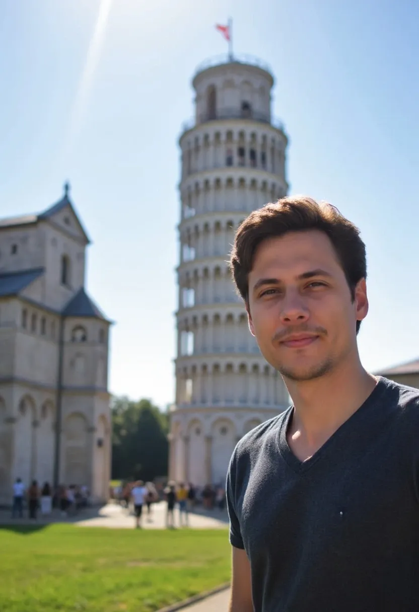 Man in an olive-green outfit posing at night with a city skyline