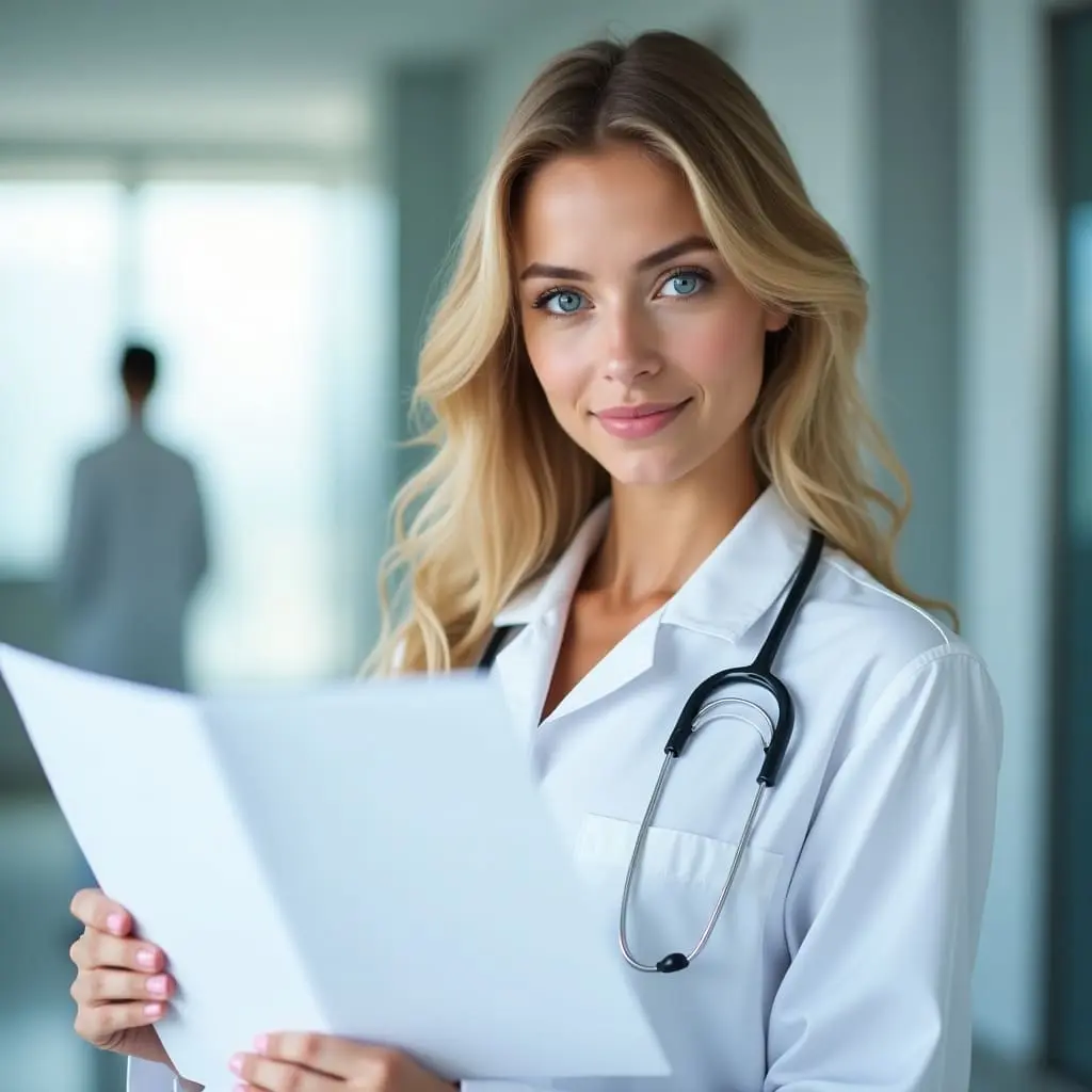 Smiling female doctor with blonde hair holding medical documents in a modern hospital setting
