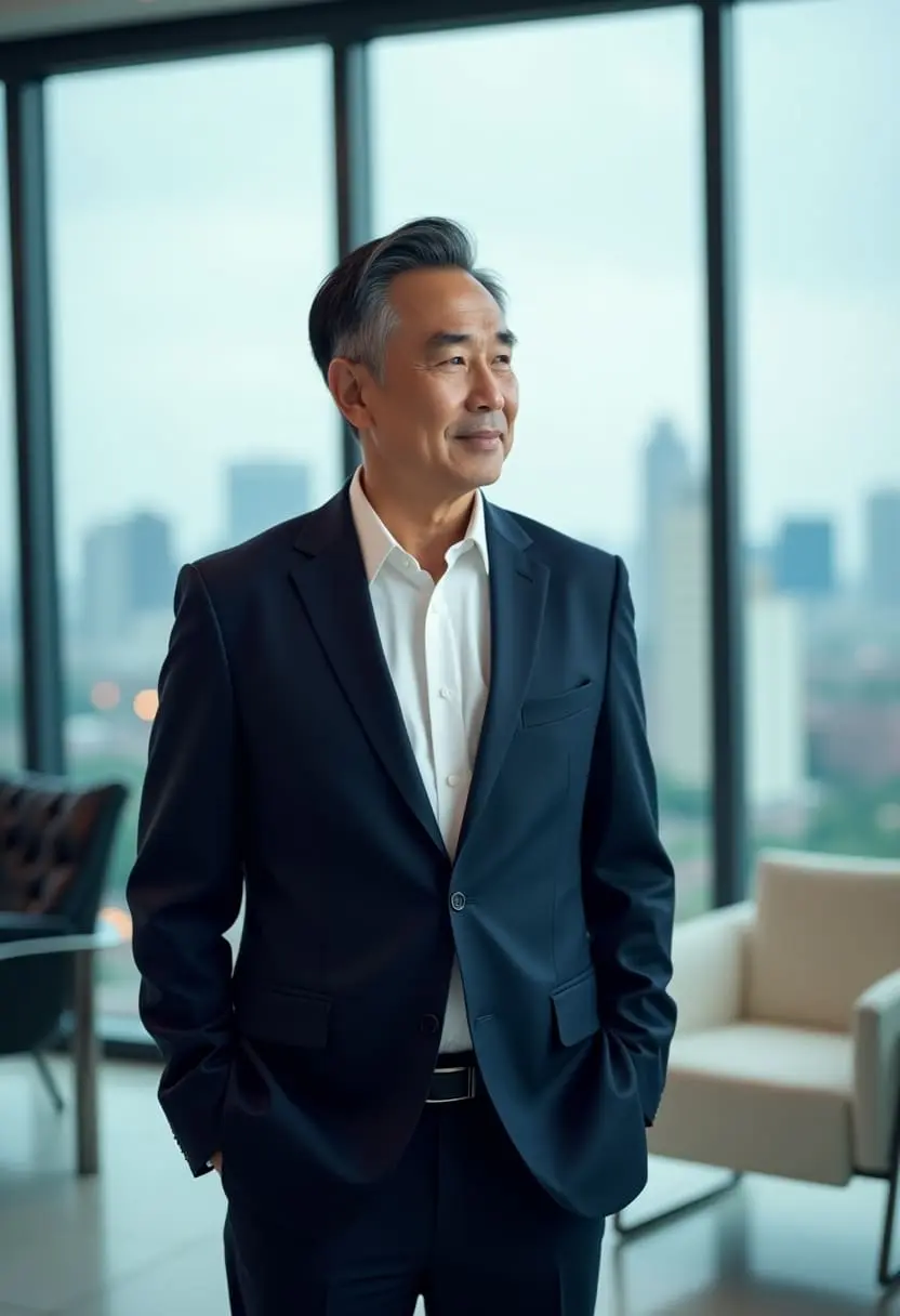Confident businessman in a dark suit standing in a modern office with a city skyline view