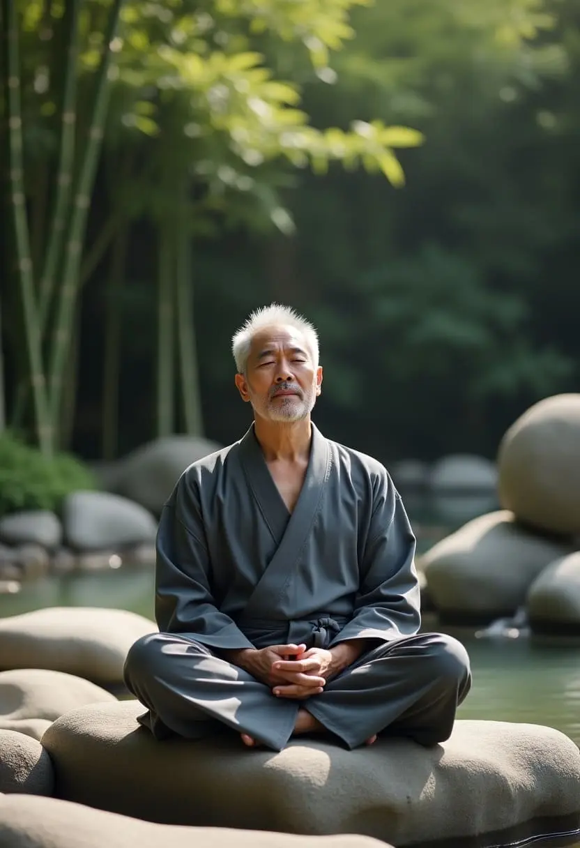 Elderly man meditating in a peaceful Zen garden, sitting on stones surrounded by bamboo and nature