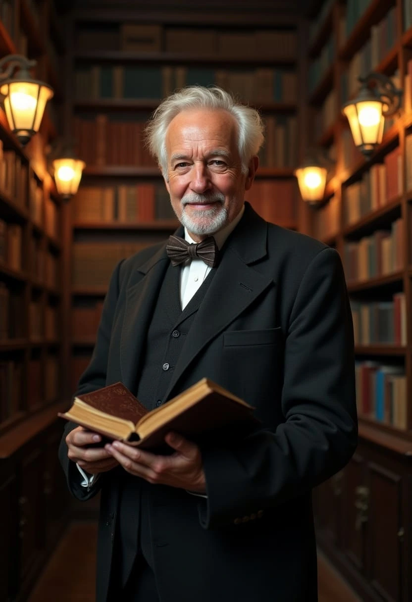 Distinguished elderly gentleman in a classic library, holding an open book and smiling warmly
