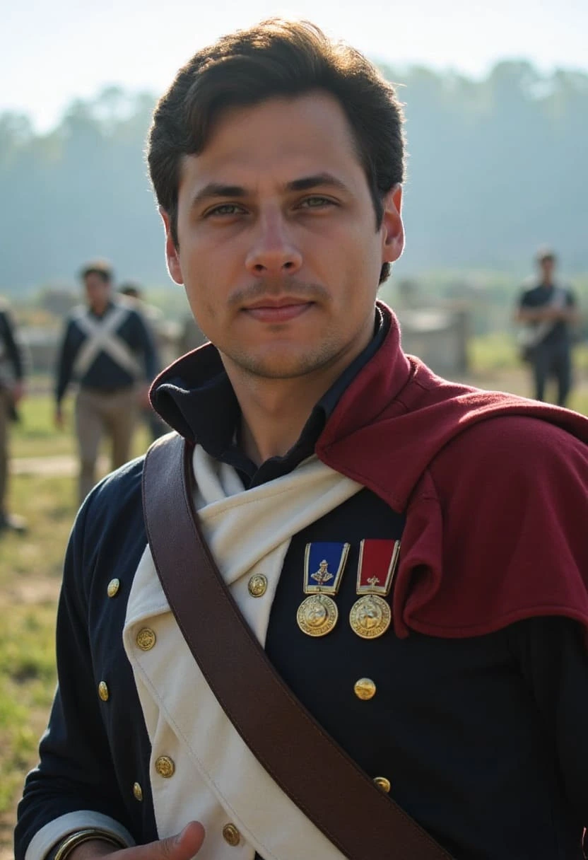 Napoleonic-era officer with decorated medals, wearing a historical military uniform on a battlefield setting