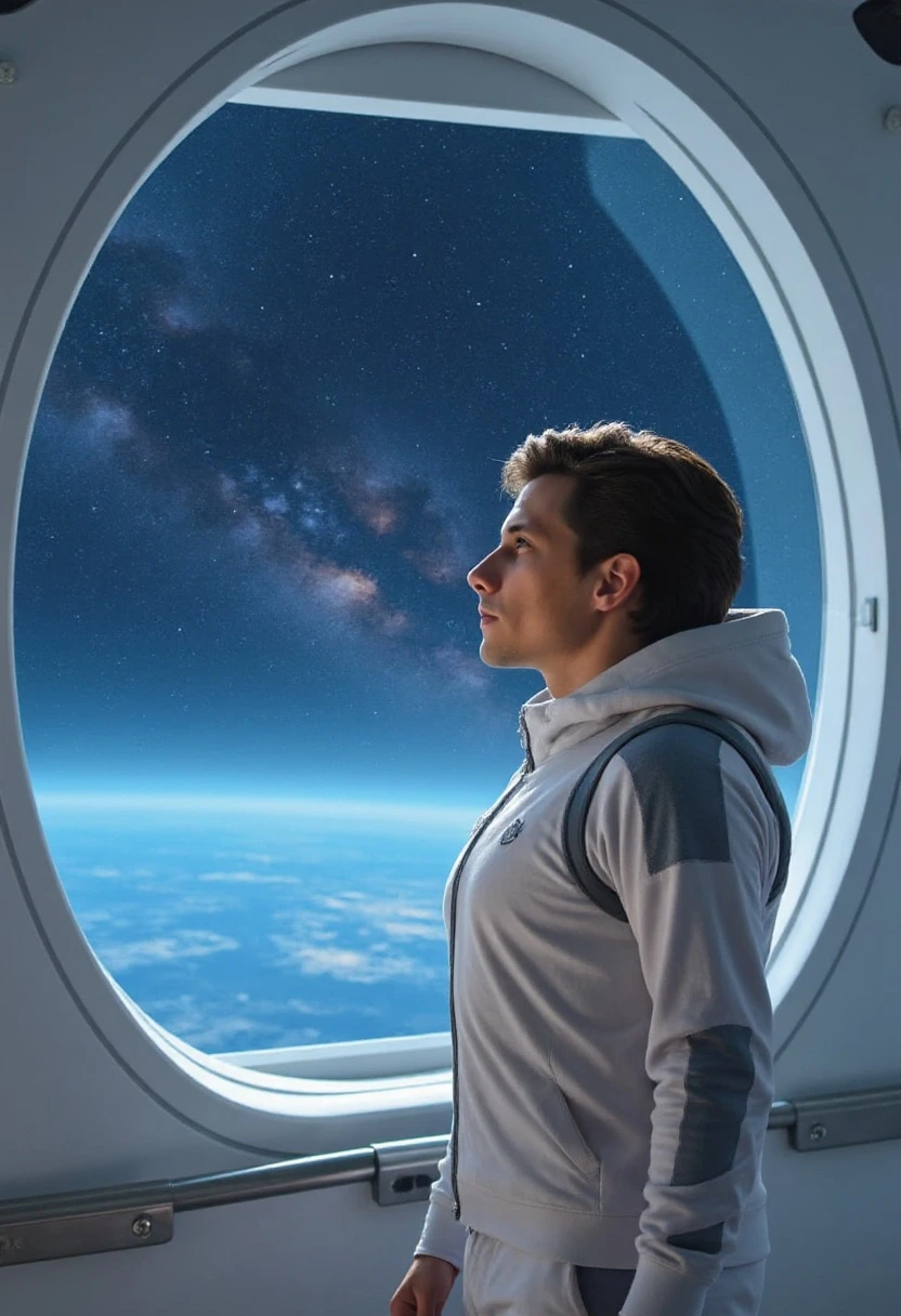 Astronaut looking at Earth and the Milky Way through a spacecraft window