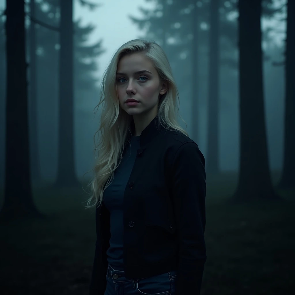 Blonde woman standing in a foggy forest with a mysterious atmosphere, wearing a dark jacket and jeans