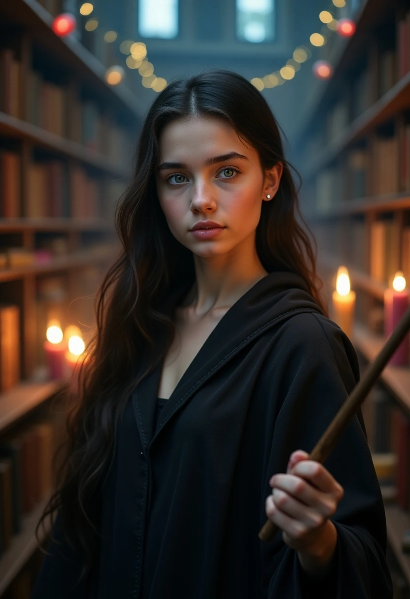 Young sorceress in a dark cloak holding a wand in a mystical library, surrounded by glowing candles and enchanted books